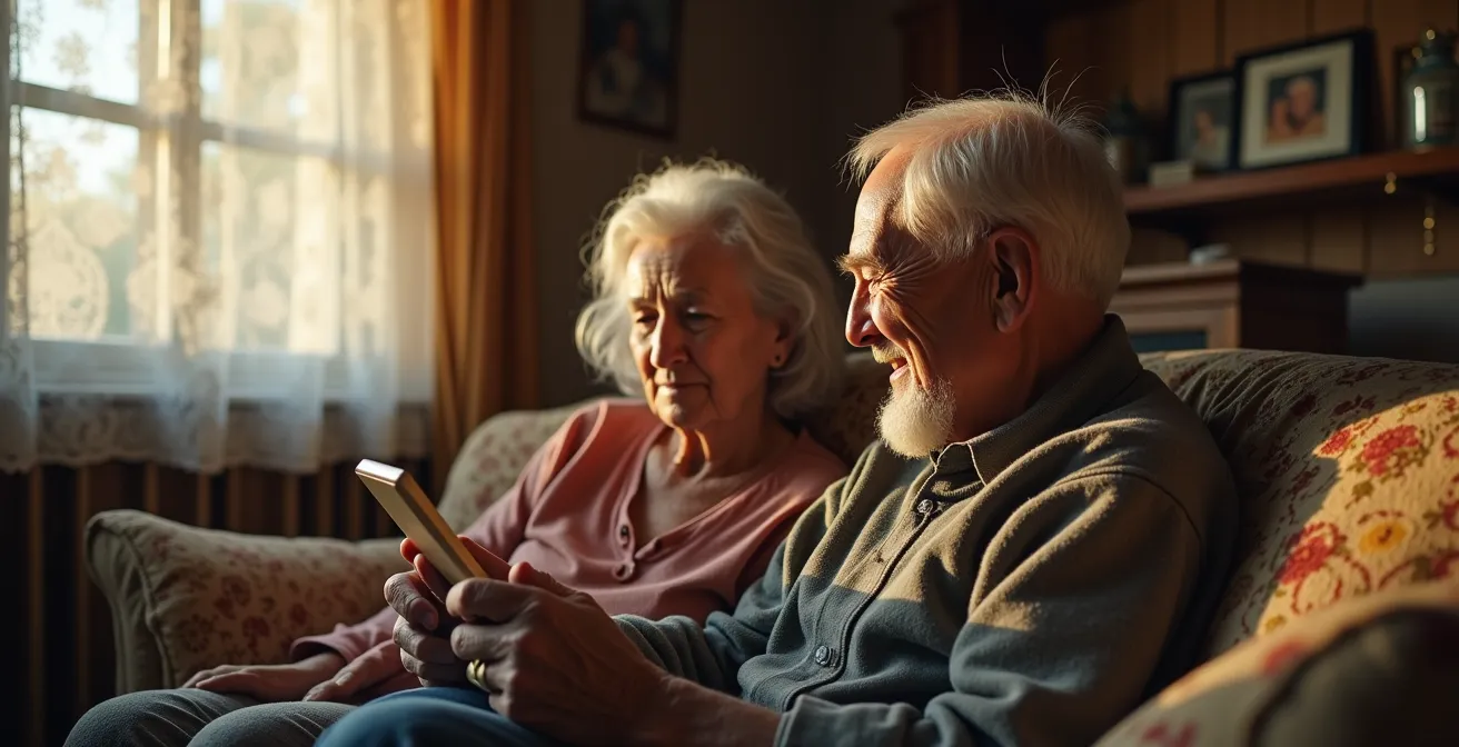 Personas mayores usando teléfono móvil básico en salón de casa rural