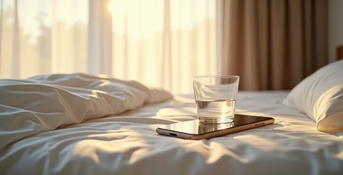 Smartphone en mesita de noche mostrando hora del amanecer con luz natural entrando por ventana