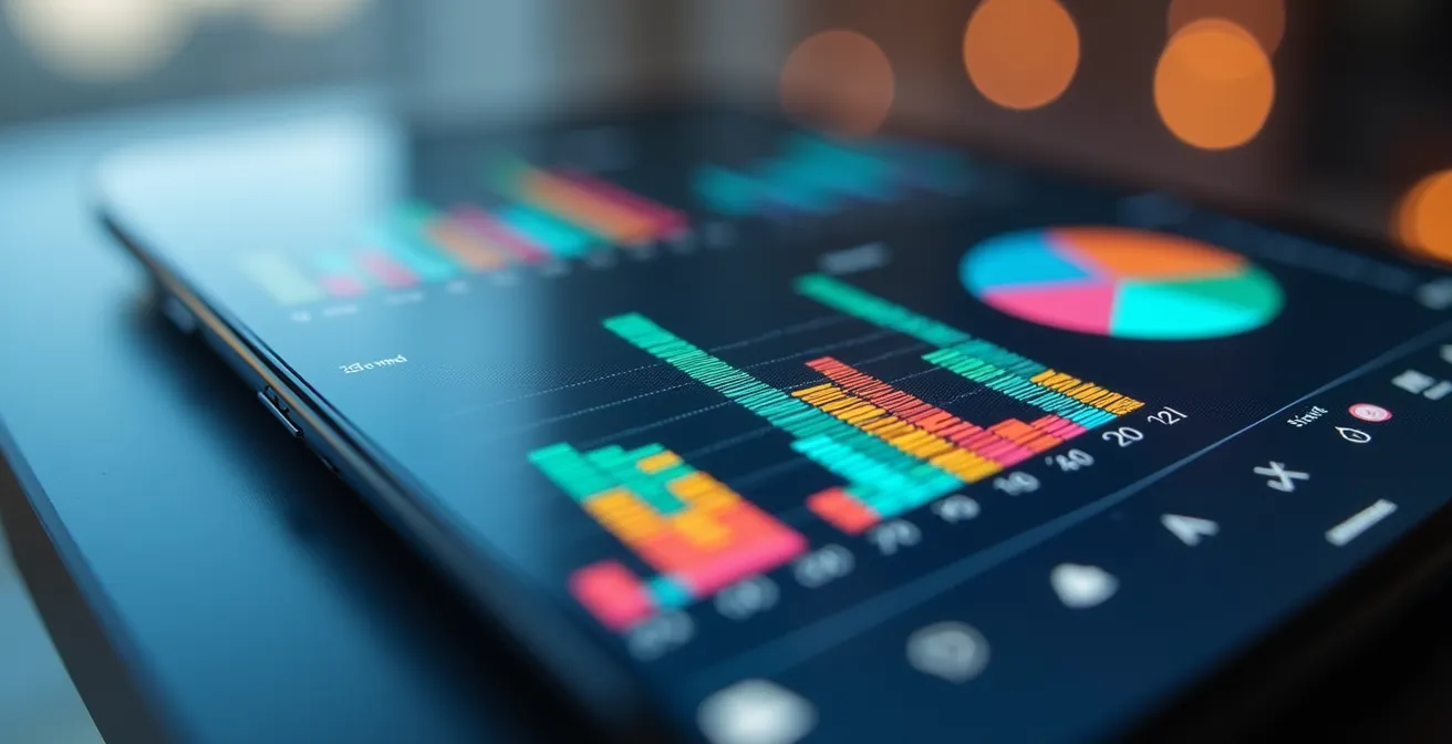 Vista macro de pantalla de análisis de datos móviles con gráficos abstractos
