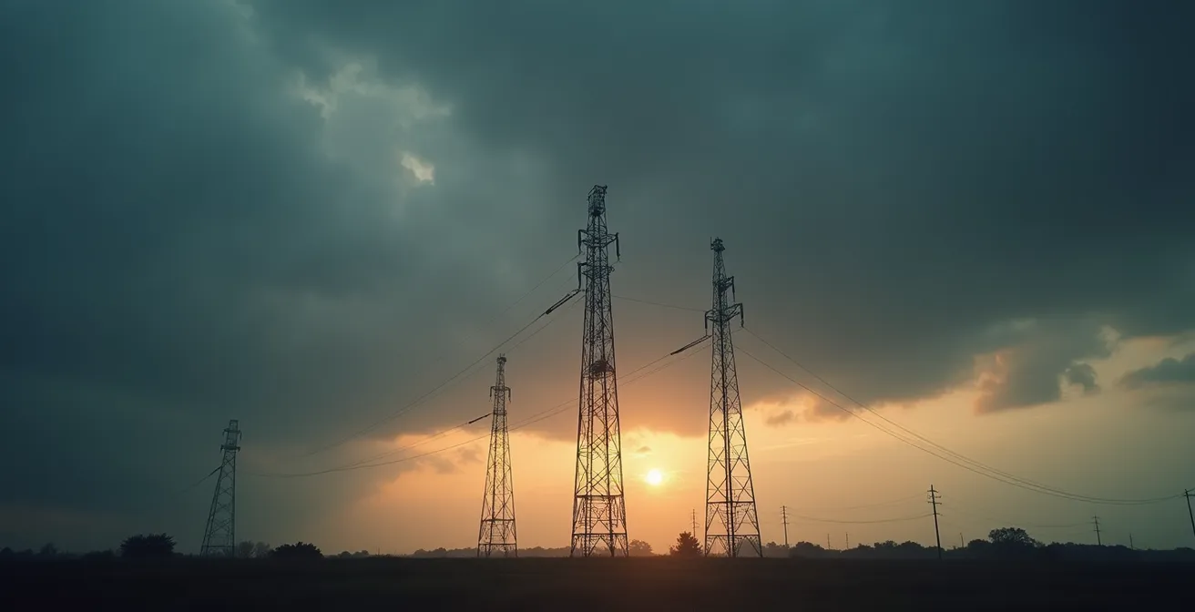 Vista angular de antenas de telecomunicaciones con ambiente amenazante