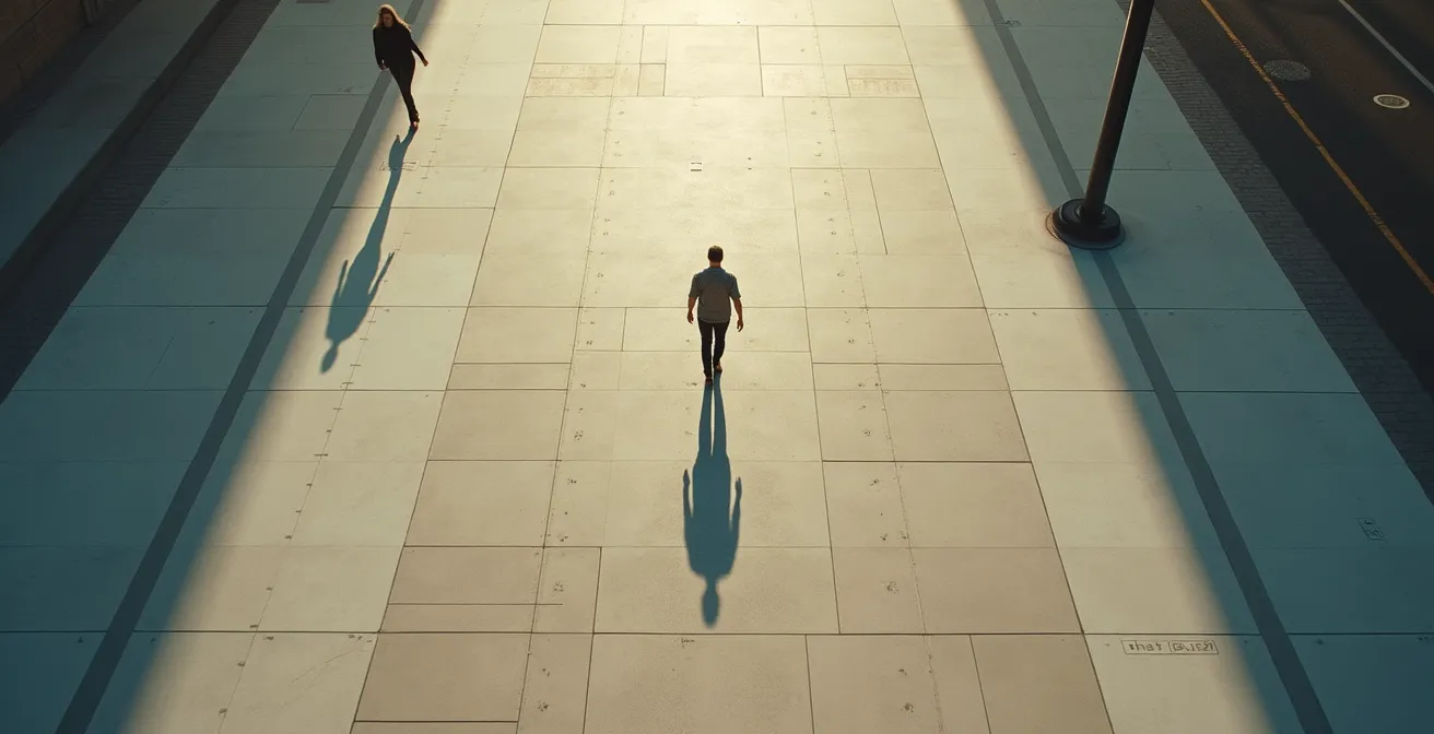 Vista cenital de una persona caminando por una calle con múltiples cámaras de vigilancia abstractas formadas por puntos de luz siguiéndola