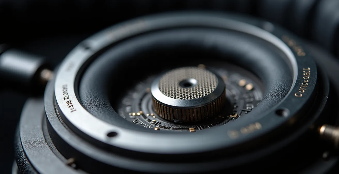 Macro detalle del driver de auriculares de alta gama mostrando componentes internos.