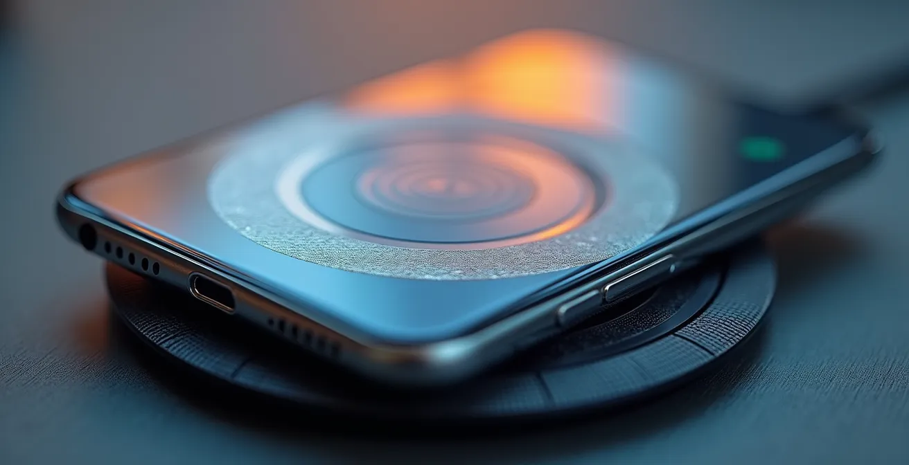 Base de carga inalámbrica mostrando disipación de calor con smartphone