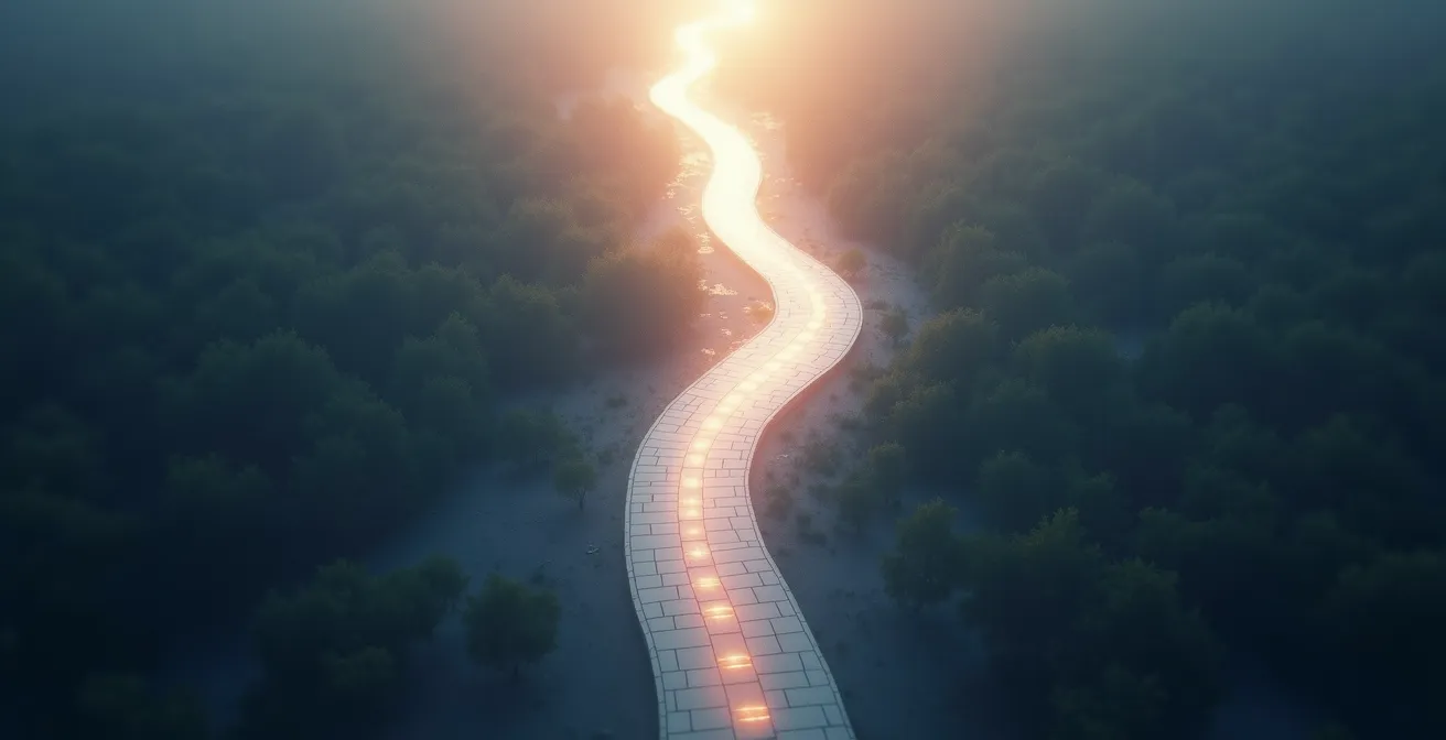 Vista aérea minimalista de dos caminos divergentes en un paisaje digital abstracto