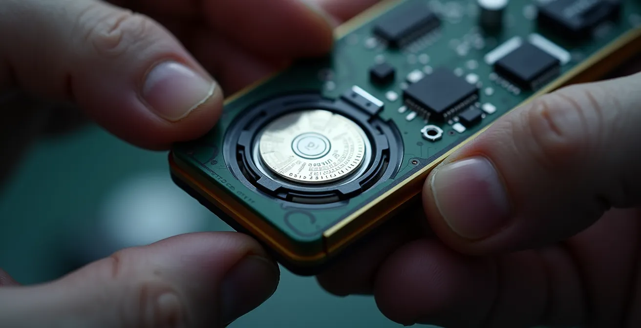 Proceso de cambio de batería en localizador mostrando pila CR2032