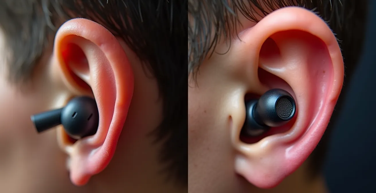 Comparación visual entre auriculares de bastón y de botón mostrando ajuste ergonómico