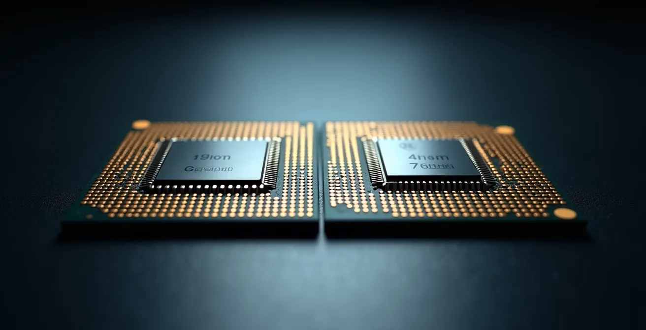 Comparación visual macro de dos chips de procesador móvil con diferentes tamaños de transistores