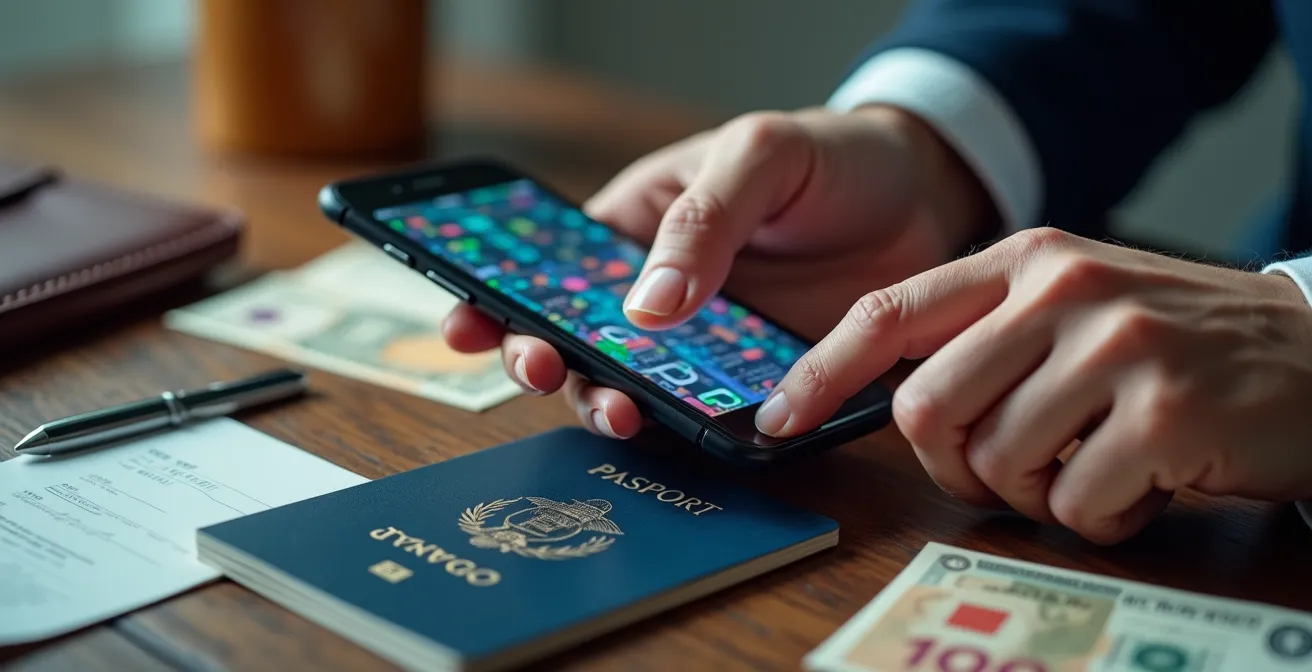 Un viajero utilizando su smartphone con aplicaciones que consumen datos en el extranjero, con un pasaporte y moneda extranjera al lado.