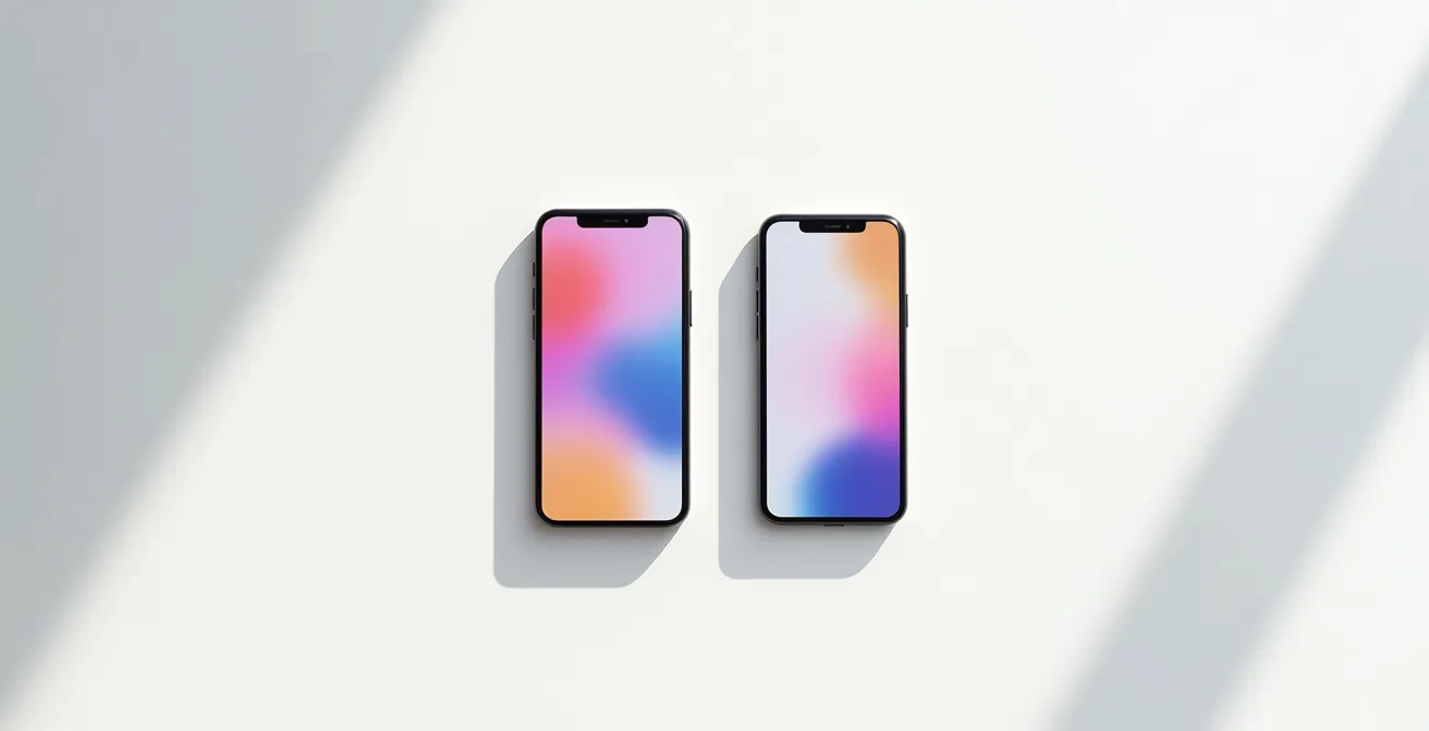 Vista aérea minimalista de dos smartphones mostrando interfaces abstractas de billetera digital