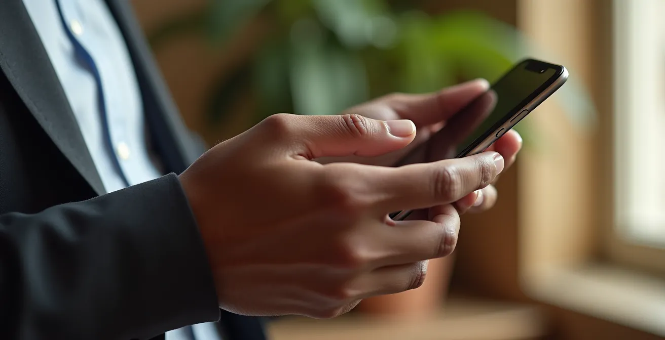 Manos sosteniendo smartphone con ajustes de datos en vista lateral