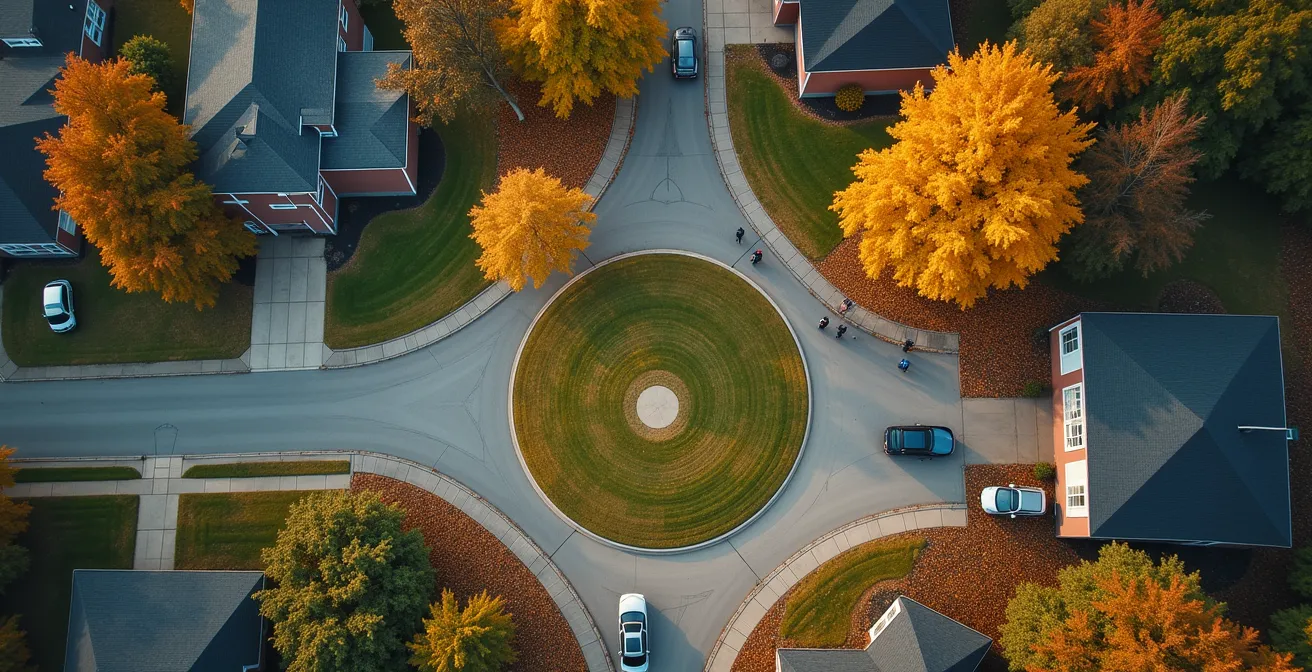 Vista cenital de un mapa con zonas circulares marcando áreas seguras como casa y escuela