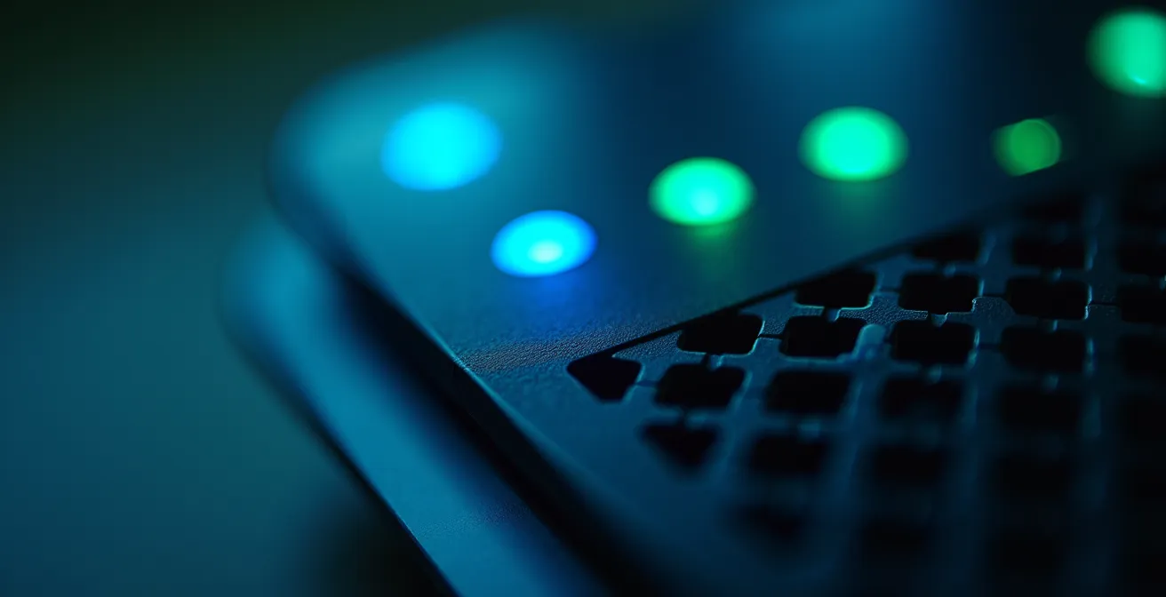 Vista macro de router 4G con luces LED indicando tráfico de datos