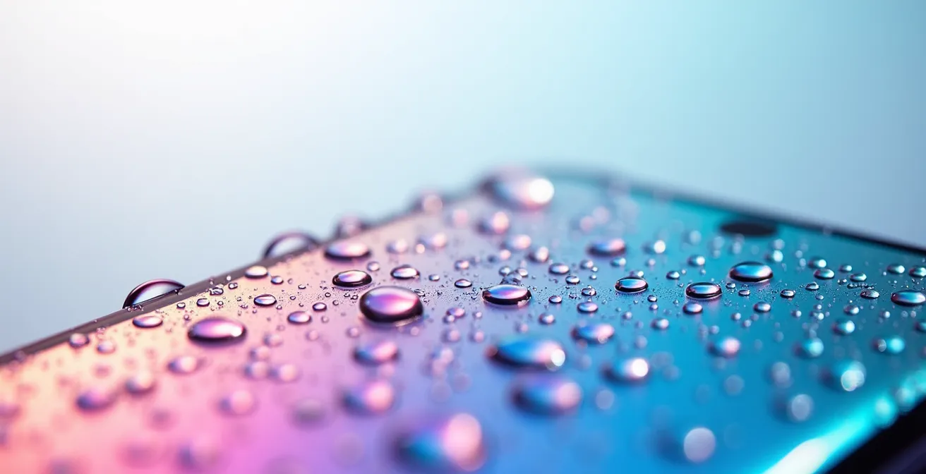 Vista macro de superficie de smartphone mostrando texturas y reflejos abstractos de limpieza