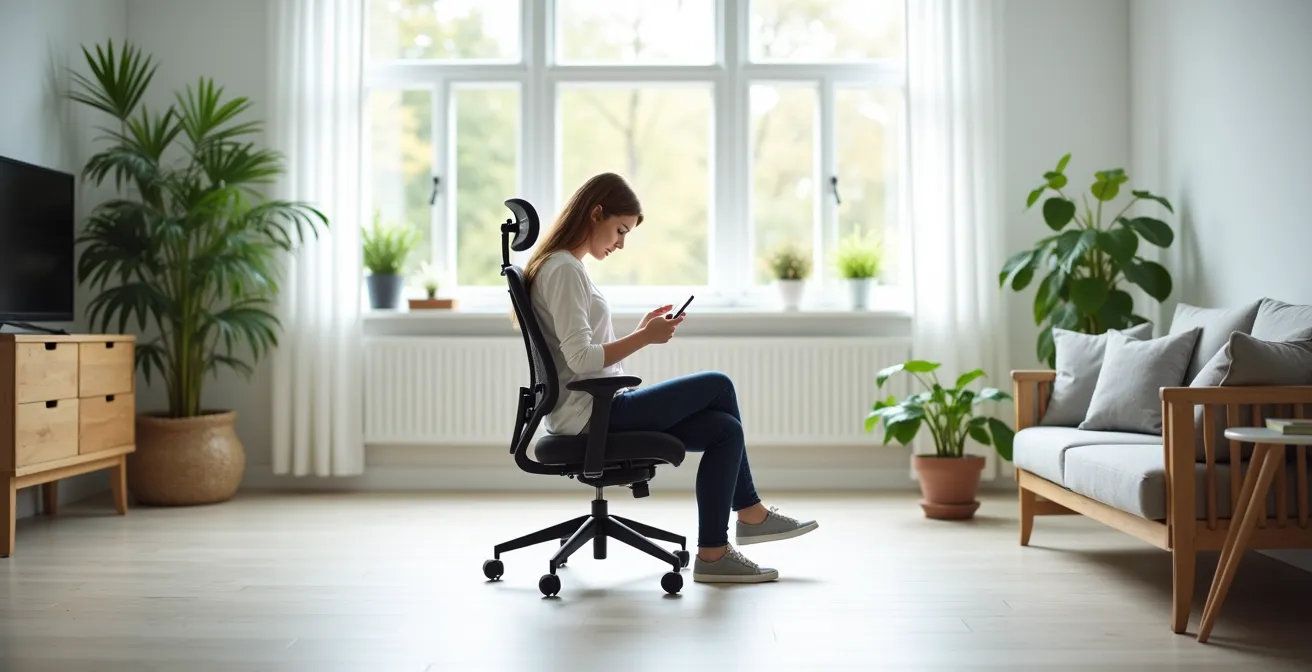 Vista lateral mostrando postura ergonómica correcta al usar dispositivo móvil