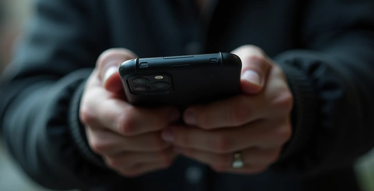 Manos de una persona intentando manipular un teléfono móvil bloqueado sin éxito, simbolizando la seguridad de la eSIM.