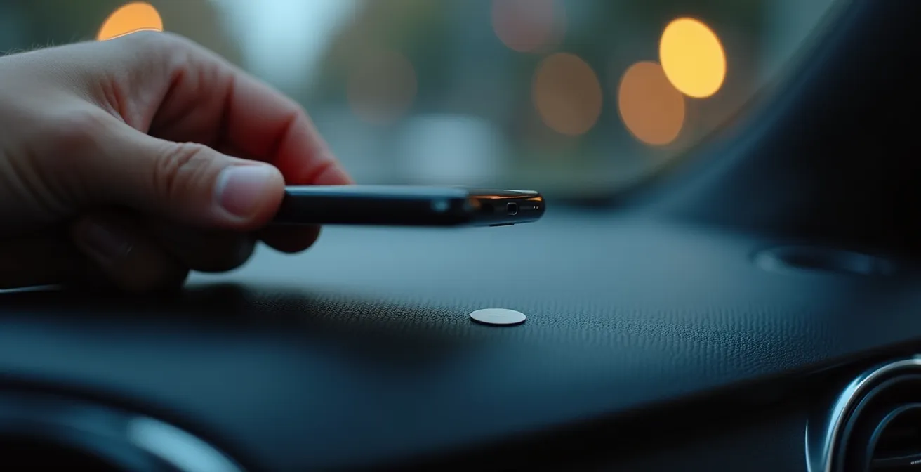 Interior de un coche moderno con una etiqueta NFC en el salpicadero y un smartphone a punto de tocarla para activar una rutina de conducción.