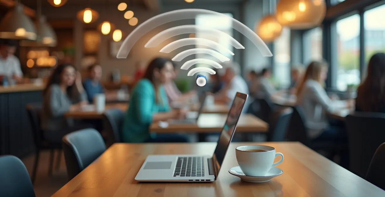 Escena mostrando el peligro de redes Wi-Fi falsas en espacios públicos