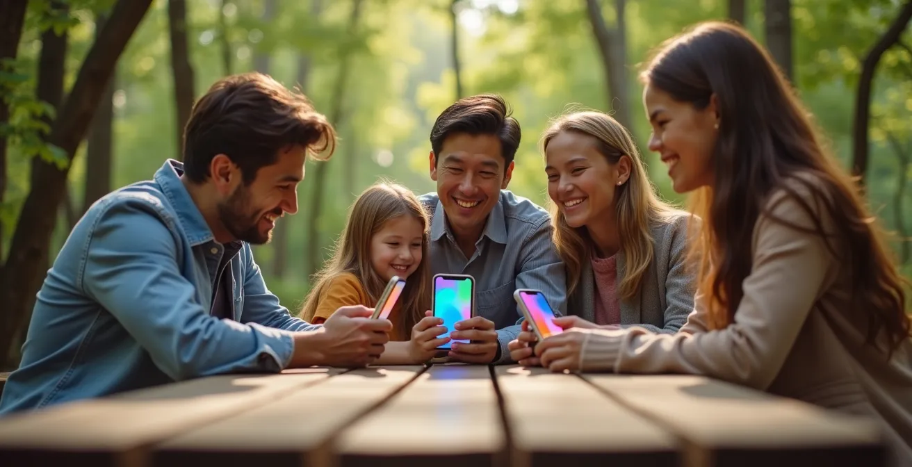 Familia usando diferentes aplicaciones de mapas en sus móviles