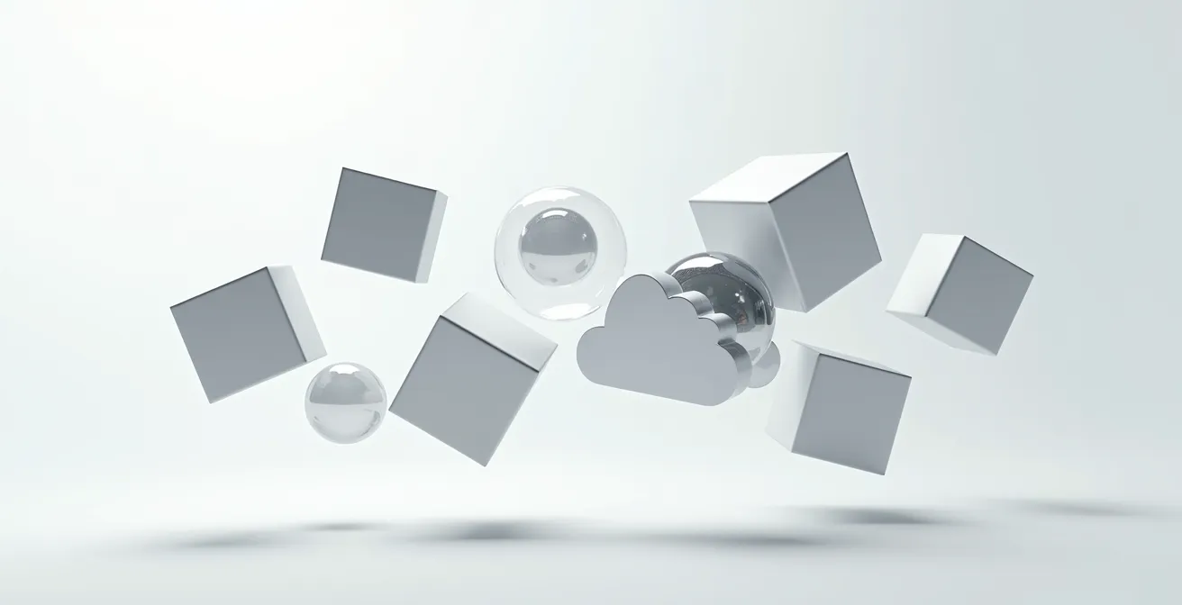 Representación minimalista del almacenamiento en la nube con objetos flotantes que simbolizan archivos de distintos tamaños