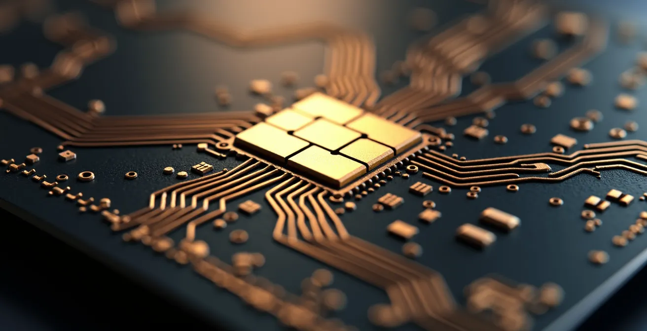 Detalle macro de chip NFC en tarjeta mostrando texturas y reflejos metálicos