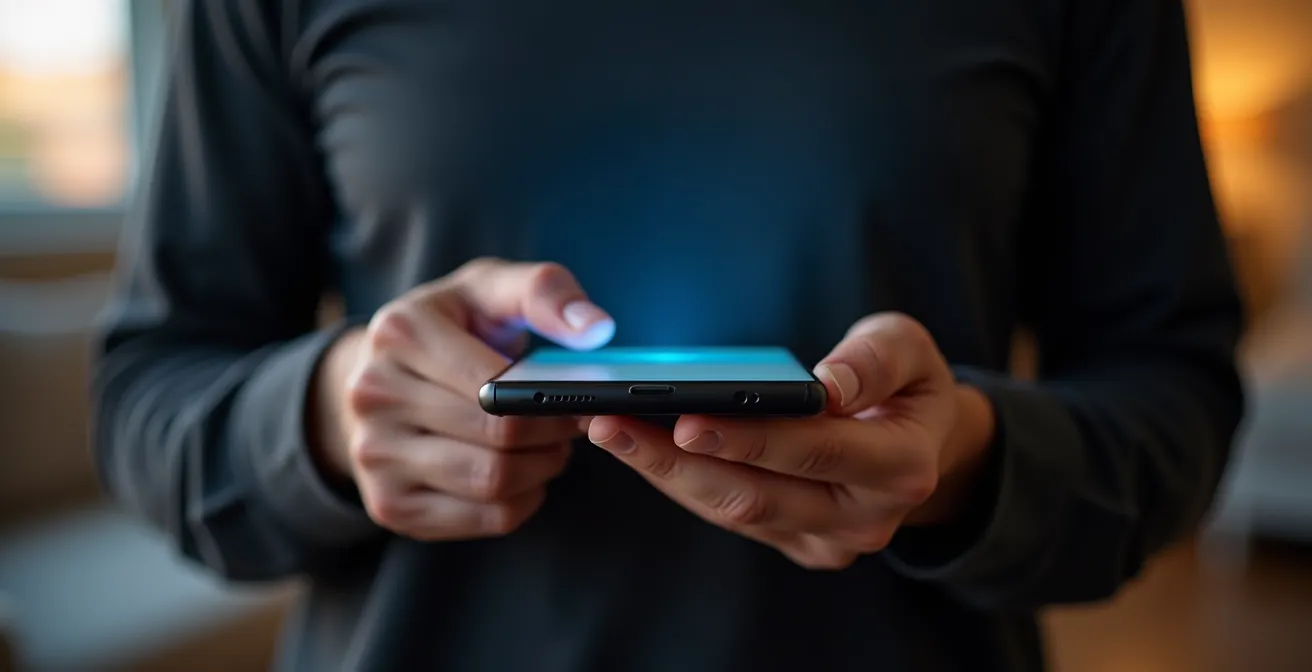 Manos sosteniendo un teléfono Android en modo seguro con indicadores visuales abstractos de limpieza