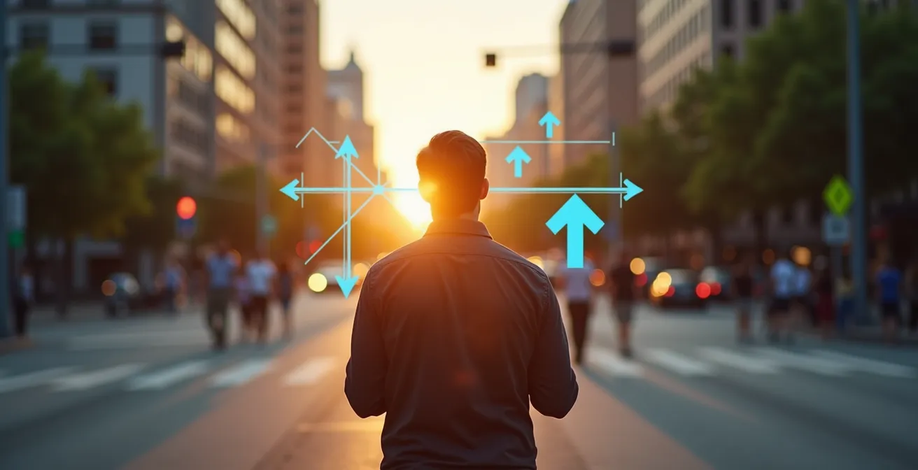 Persona caminando en una intersección urbana con indicaciones flotantes de navegación