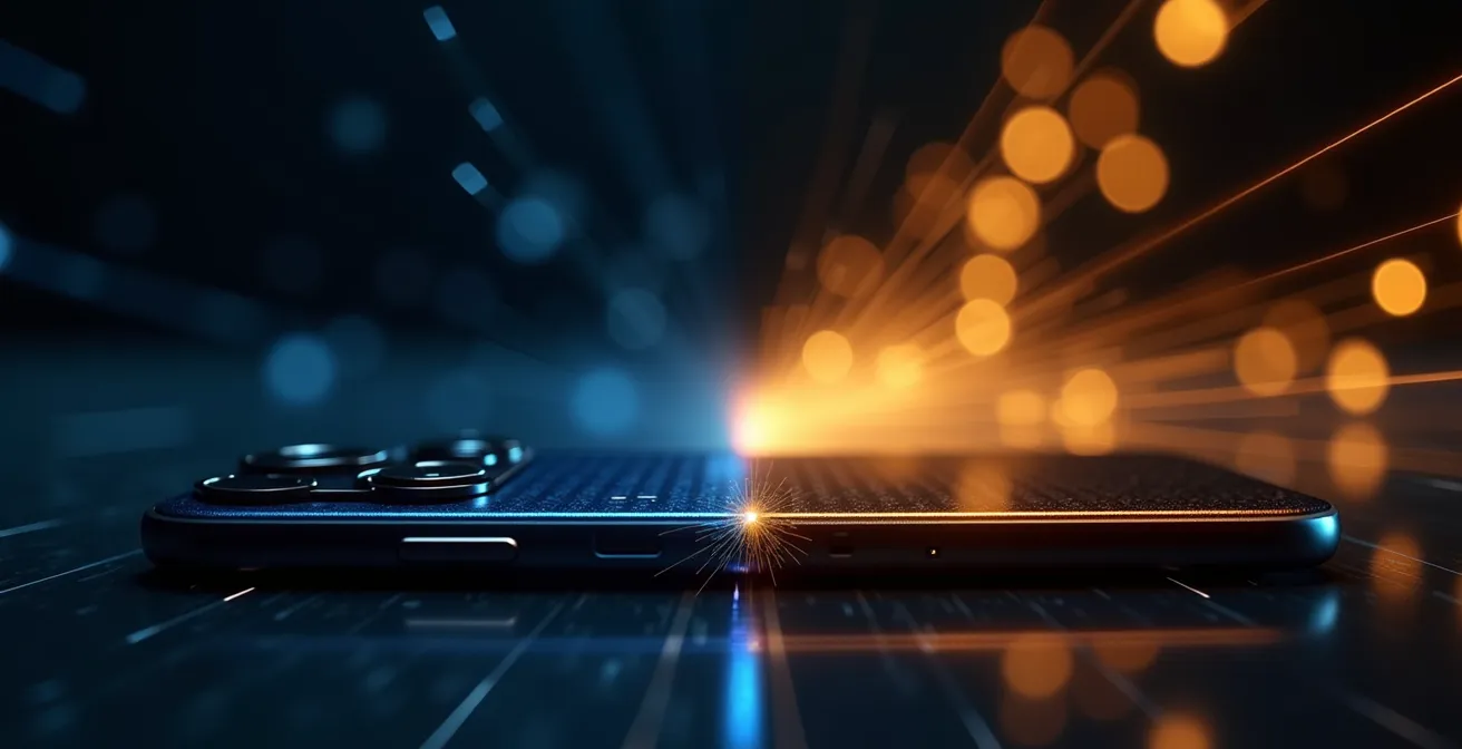 Vista macro del sensor de cámara de smartphone procesando imagen nocturna