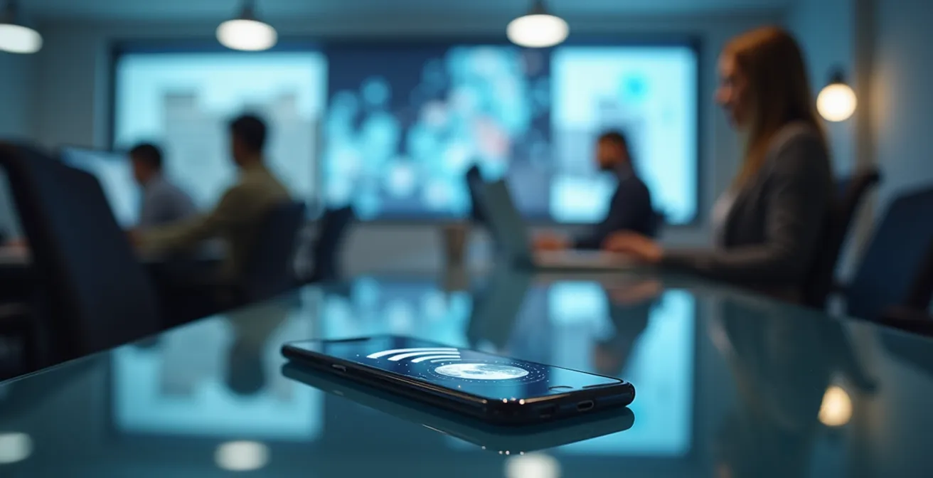 Espacio de oficina con smartphone en modo silencio automático sobre escritorio