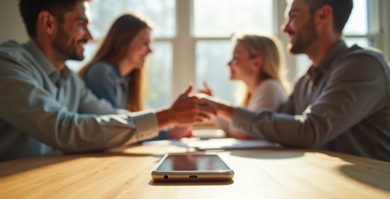 Padres conversando con su hijo adolescente sobre el uso responsable del móvil