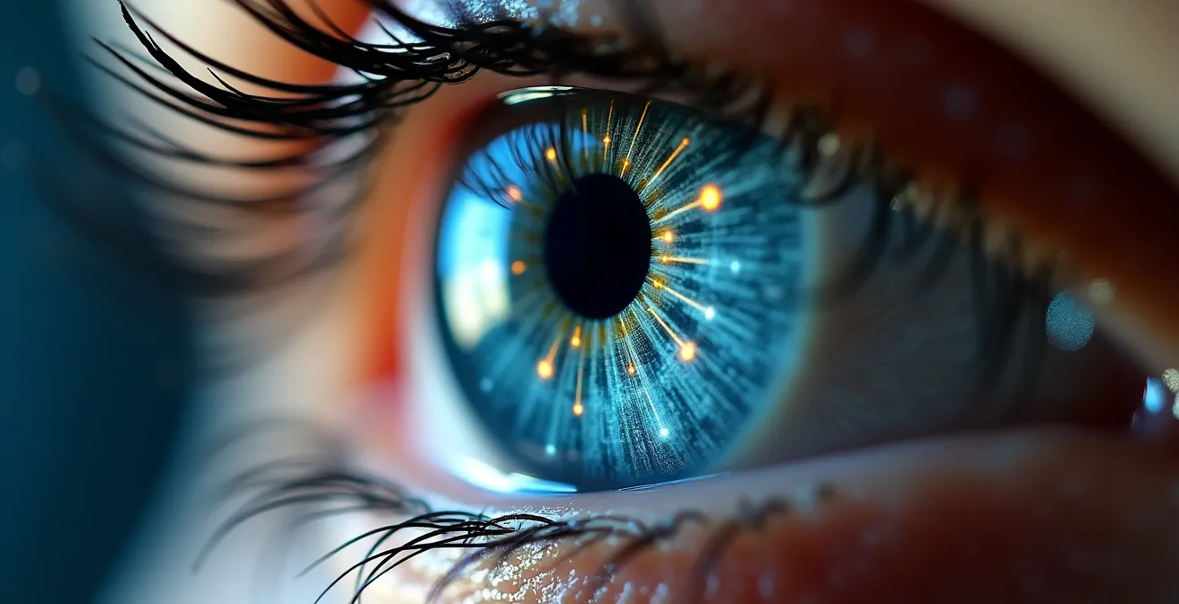 Primer plano macro de un ojo humano reflejando una red abstracta de datos digitales formada por puntos de luz conectados