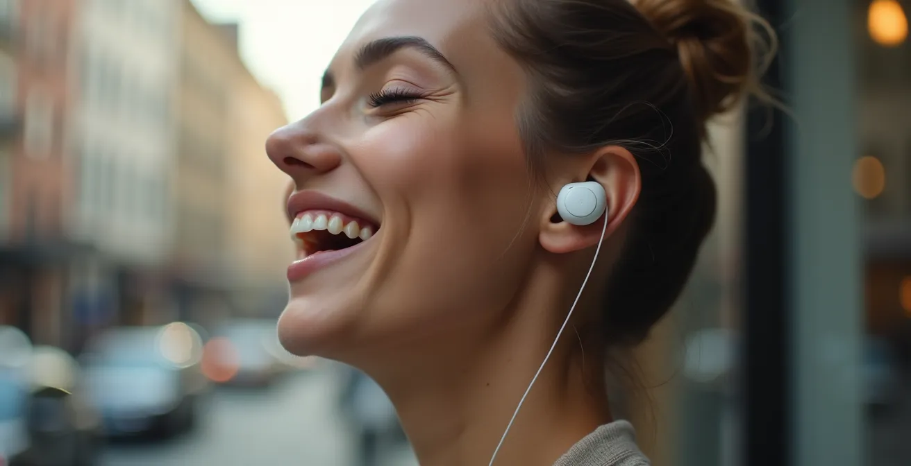 Persona en entorno urbano usando auriculares TWS con expresión relajada y satisfecha.