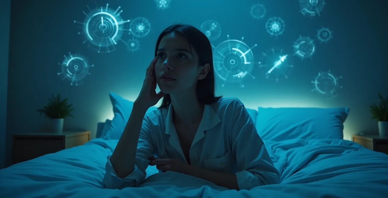 Persona preocupada rodeada de visualizaciones abstractas de datos de salud