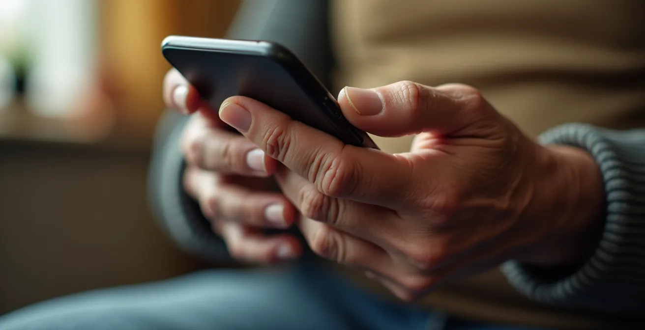 Manos de persona mayor sosteniendo un smartphone con gestos naturales de aprendizaje