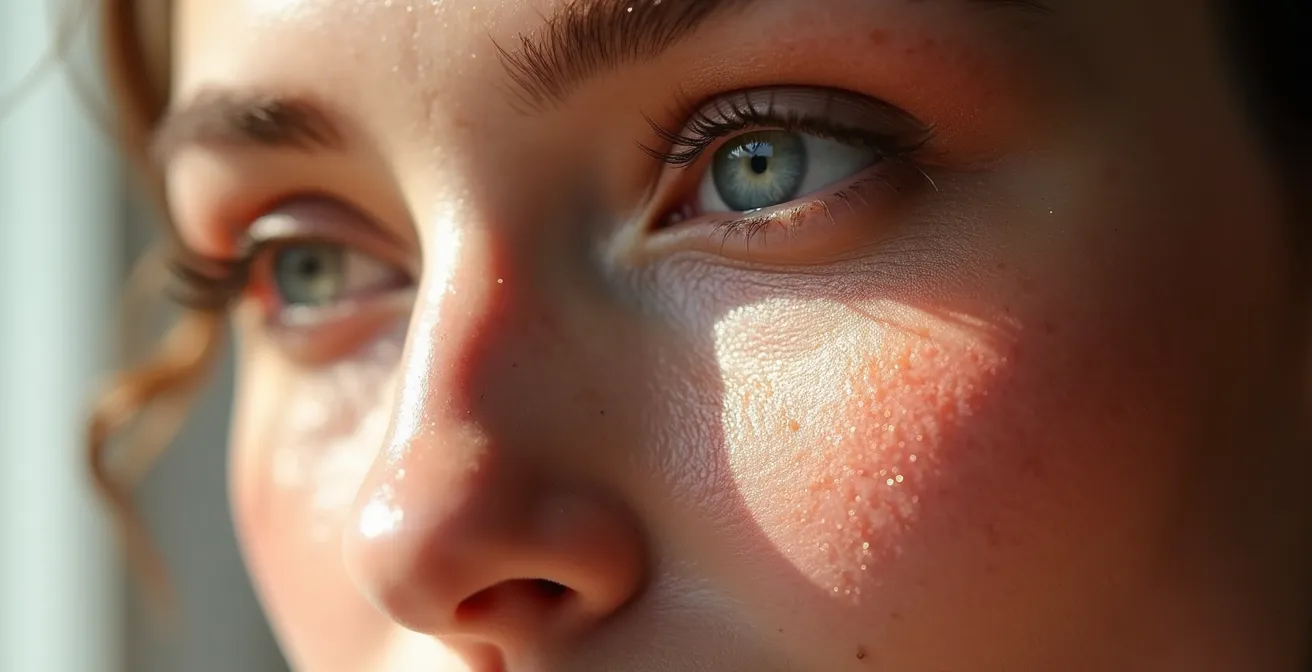 Detalle macro de rostro con elementos de maquillaje virtual superpuestos