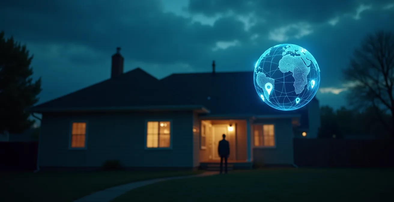 Casa vista desde fuera al atardecer con luces apagadas y sombras misteriosas, mientras un globo terráqueo translúcido con pins de ubicación flota sobre el tejado