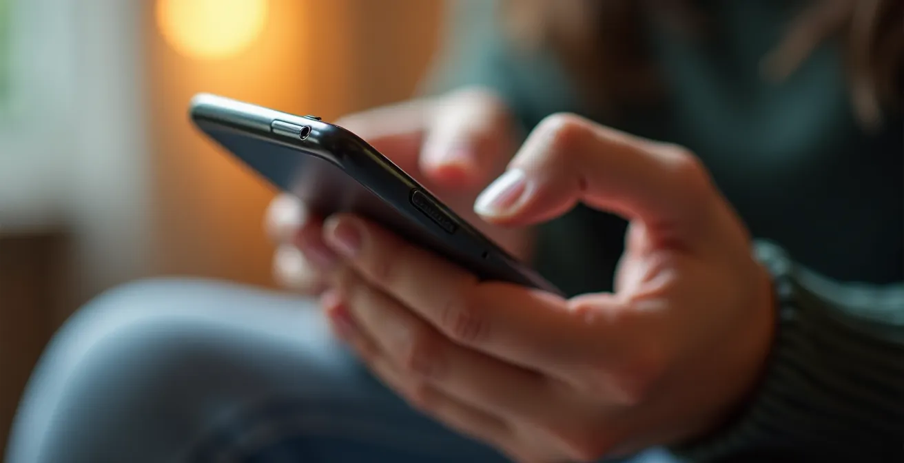 Mano sosteniendo smartphone con visualización abstracta de datos siendo borrados