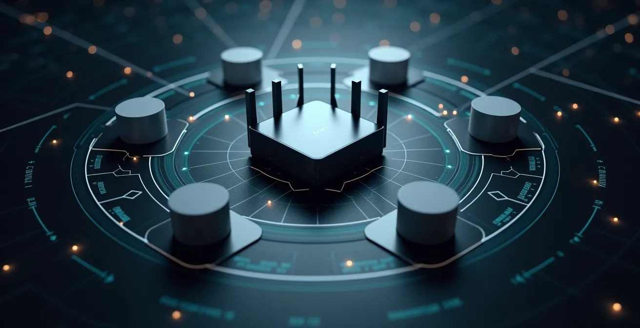 Representación visual de protección de red con dispositivos M2M seguros mediante VPN y autenticación