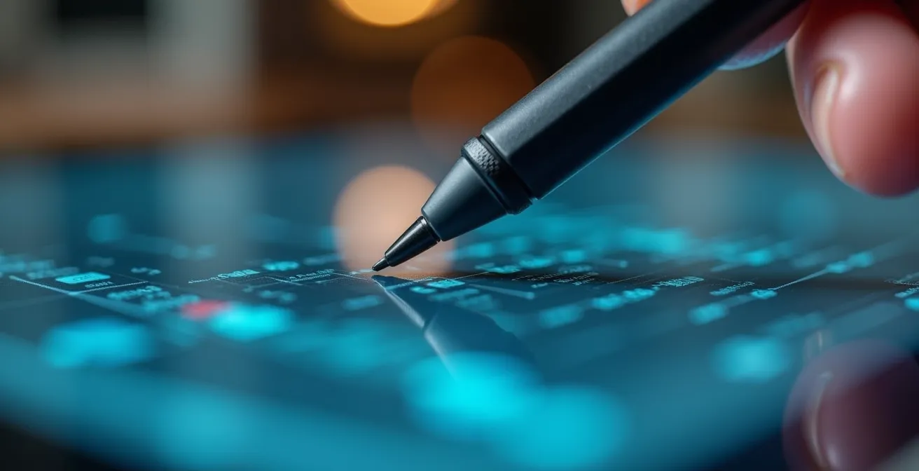 Mano con stylus seleccionando celdas en tablet con precisión milimétrica