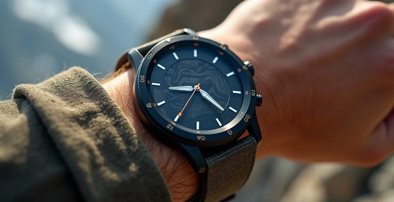 Excursionista consultando GPS en smartwatch durante senderismo