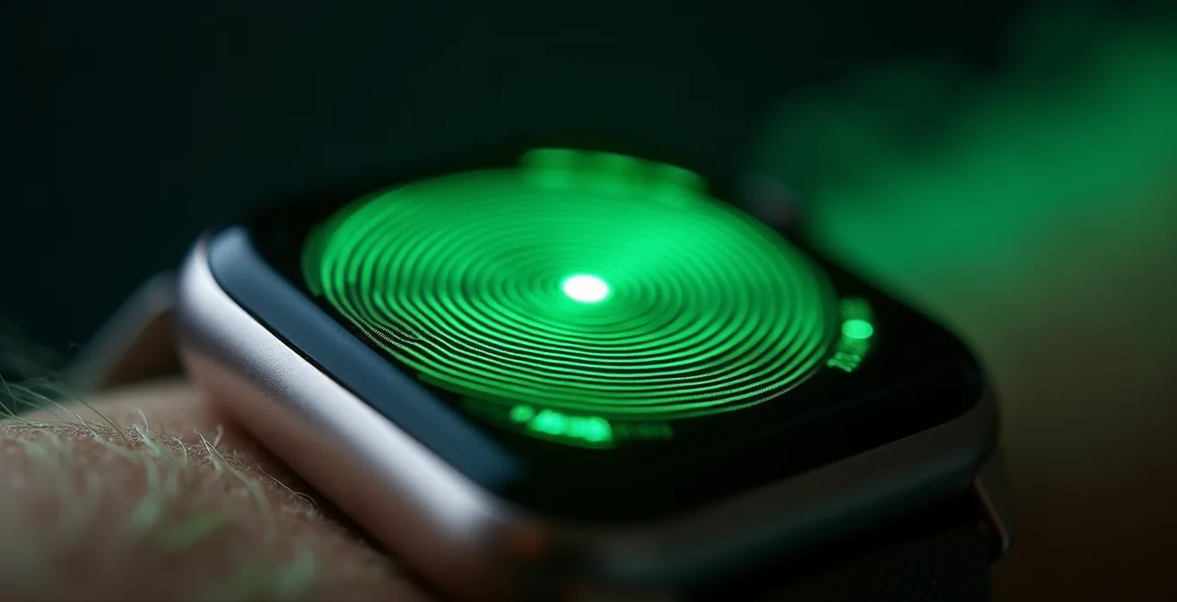 Vista macro del sensor óptico verde de un reloj inteligente contra la piel