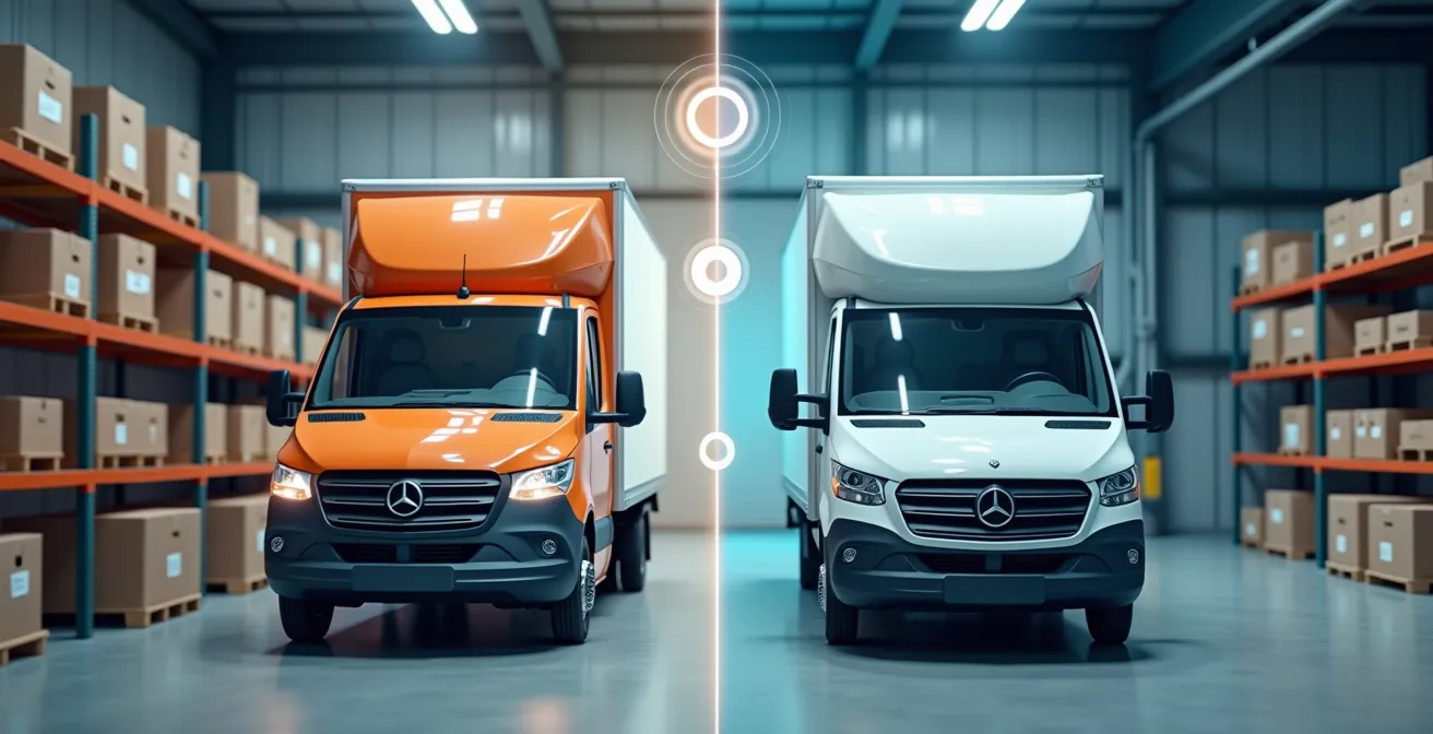 Comparación visual de sensores NB-IoT estáticos en almacén versus sensores LTE-M en vehículos en movimiento