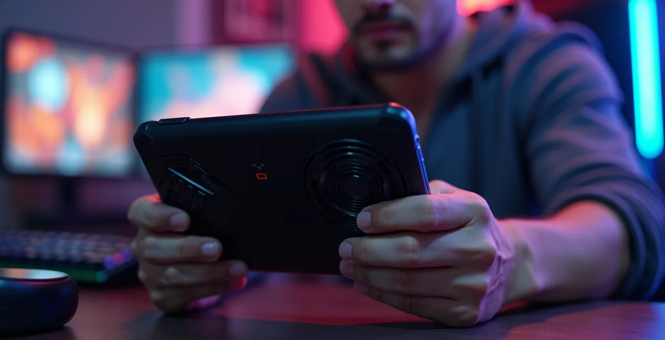 Smartphone gaming con sistema de refrigeración visible en uso