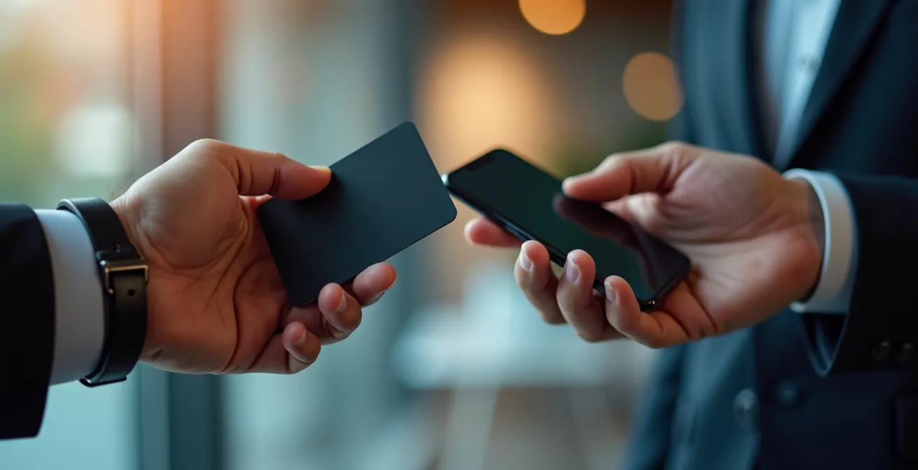 Mano sosteniendo una tarjeta de visita NFC elegante cerca de un smartphone para intercambiar el contacto digitalmente.