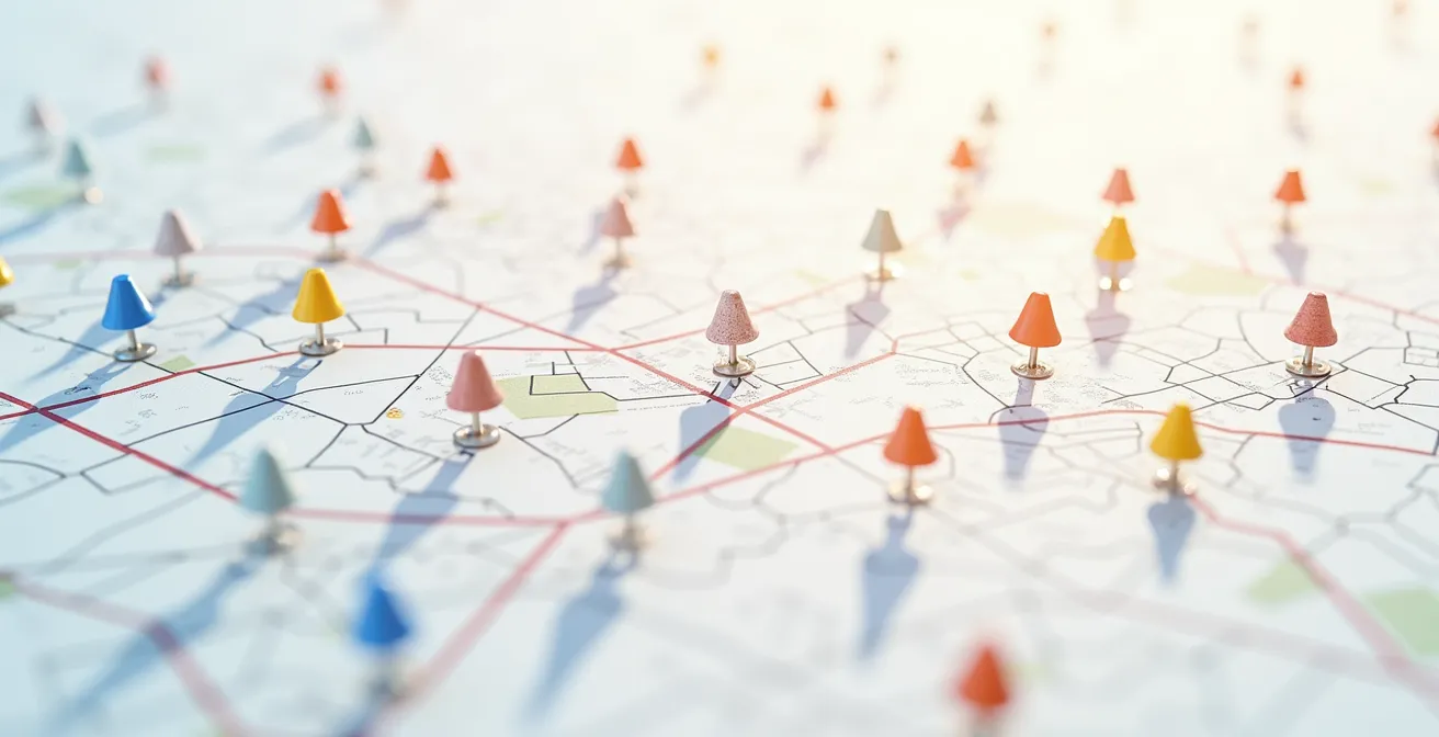 Vista aérea de mapa con agrupación visual de paradas por zonas