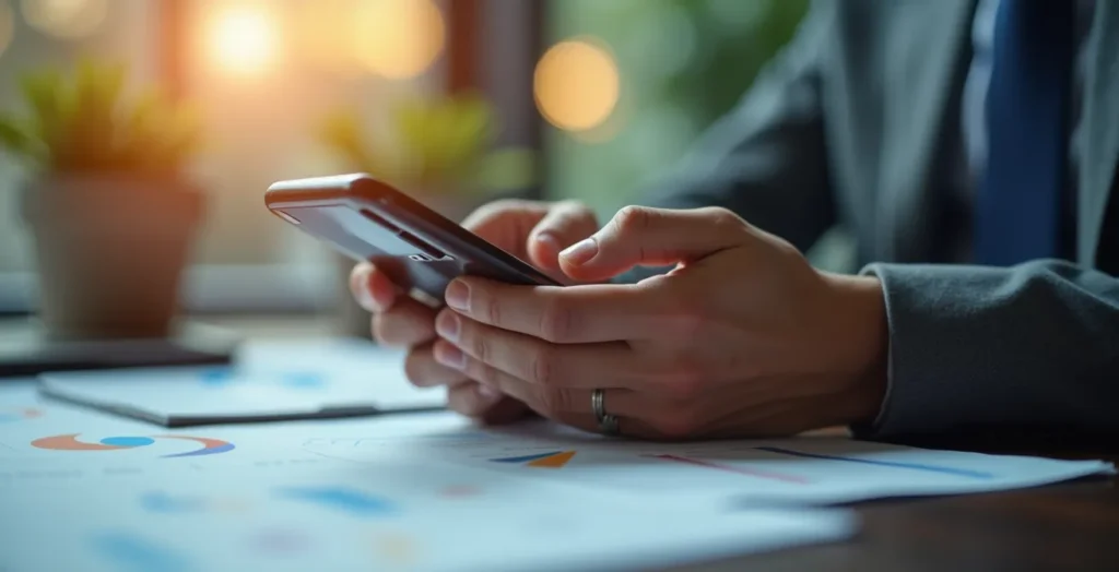 Manos profesionales usando smartphone con herramientas de gestión empresarial Manos profesionales usando smartphone con herramientas de gestión empresarial